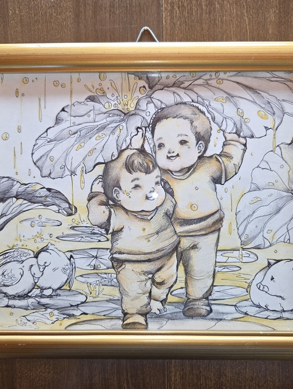 Whimsical Children Illustration Print in Gold and Gray
